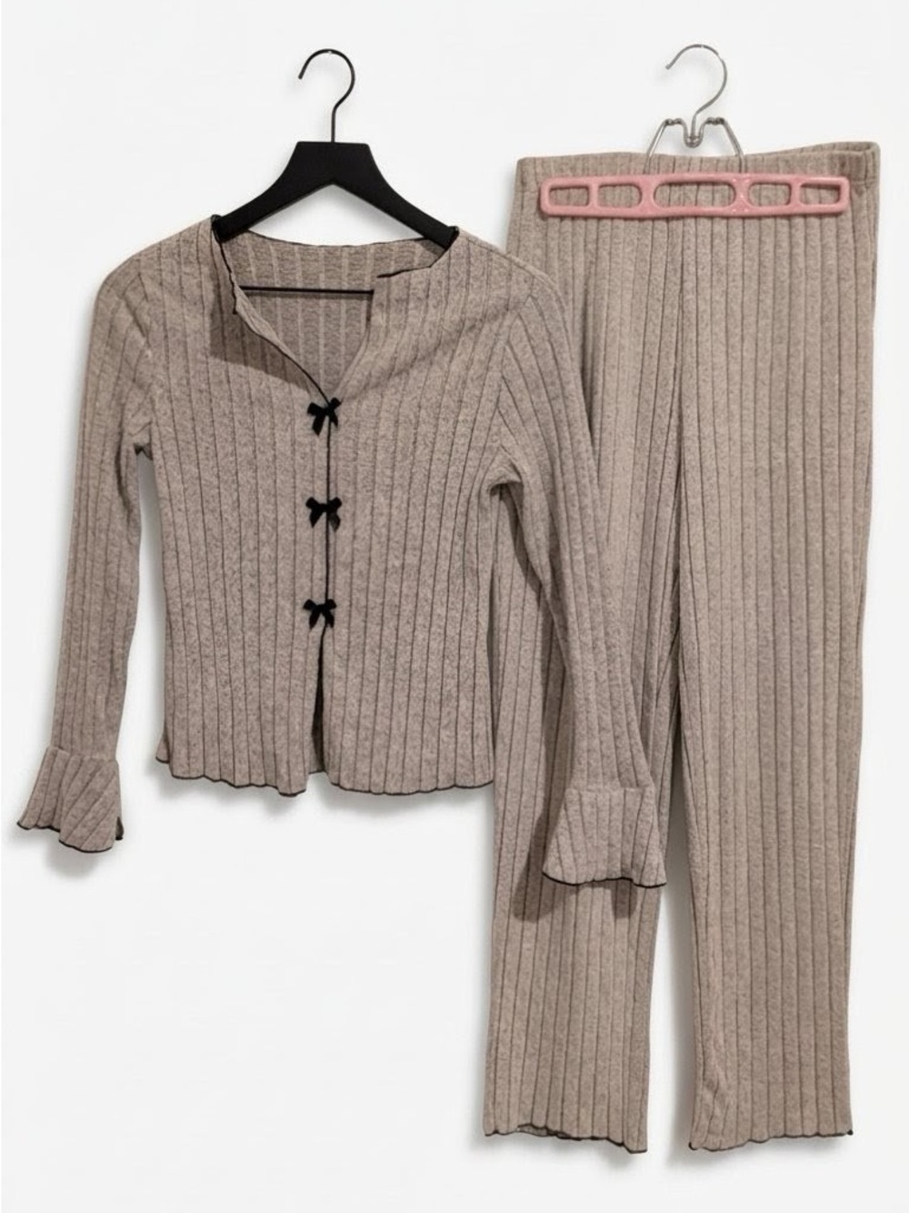Neutral Taupe Ribbed Knit Two-Piece Loungewear Set